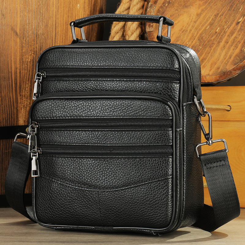 Bolsa de Ombro de Couro para Homens, Bolsas de Couro Genuíno, Bolsa Crossbody Pequena, iPad, Bolsa Mensageiro Masculina, Bolsa Preta, na Moda