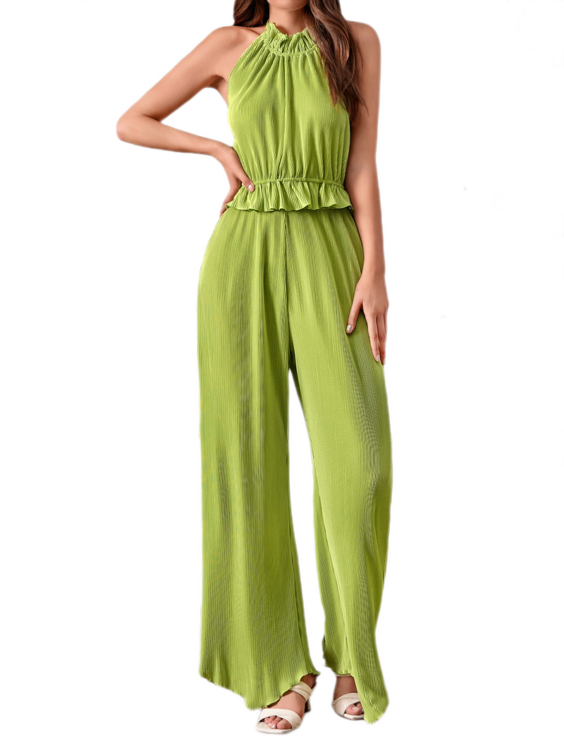 Conjunto de Calças Largas e Sem Mangas Femininas, Textura Plissada, Verde Vivo, Roupa Sólida, Primavera, Verão, Praia, 2 peças, Natureza, Estilo, Moda, Novo