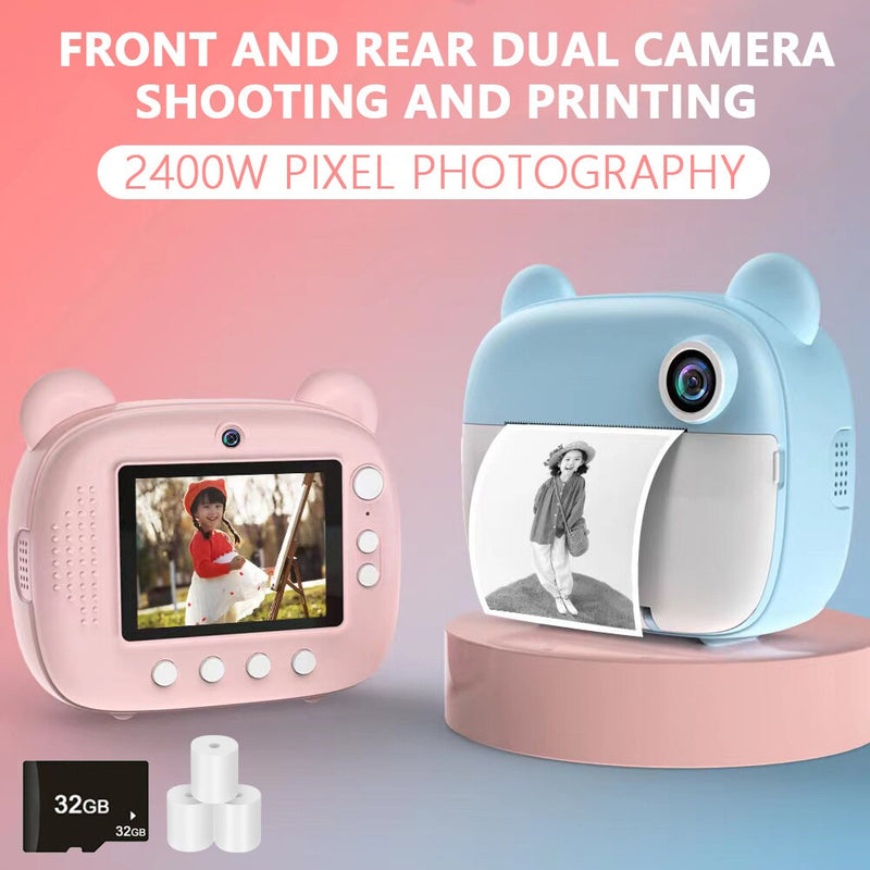 Câmera digital de impressão instantânea para crianças, impressão térmica, impressão fotográfica instantânea, vídeo brinquedos, cartão de memória 32G