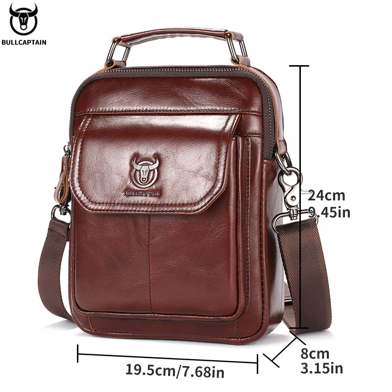 BULLCAPTAIN-Bolsa De Ombro De Couro Genuíno Para Homens, Bolsa Multifuncional Tablet, Bolsa Crossbody Casual, Couro De Vaca Retro, 7.9"