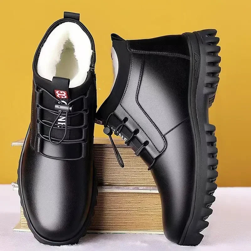 Sapatos Masculinos de Frio, Quentes, Couro, Antiderrapante, Botas, Confortáveis e Macias, Algodão, Empresarial, Casual ao Ar Livre, Inverno, Outono, Nova Moda