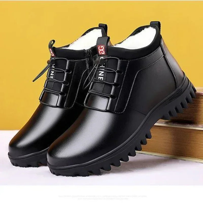 Sapatos Masculinos de Frio, Quentes, Couro, Antiderrapante, Botas, Confortáveis e Macias, Algodão, Empresarial, Casual ao Ar Livre, Inverno, Outono, Nova Moda