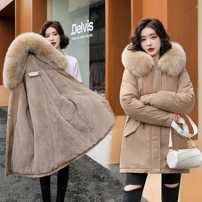 Parka Longa de Lã com Capuz, para Mulheres, Parka Fina com Gola de Pele, Roupas Acolchoadas, Neve Quente, Jaqueta de Outono e Inverno, Nova Moda, Novo