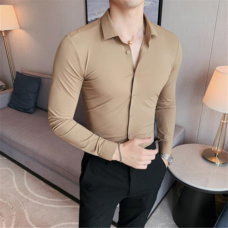 Camisas Slim de Alta Elasticidade Masculina, Sem Costura, Casual, Luxo, Social, Elegante, Formal, Alta Qualidade, Manga Comprida, Moda, Novo