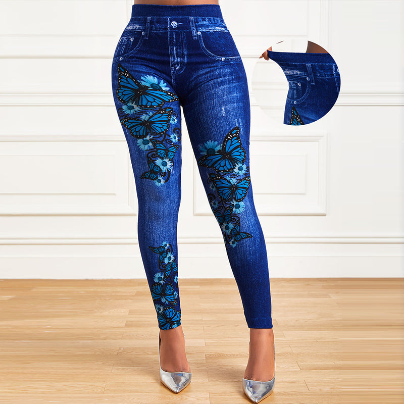 Calças Leggings Estampadas, Calças de Cintura Alta, Flores, Borboletas, Calças Básicas Extragrandes, Roupas Casuais Femininas, Outono, Inverno, Primavera, Verão, Moda, Novo