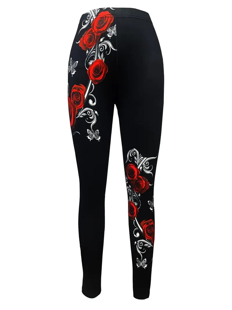 Calça Elástica com Estampa Floral, Justa Feminina, Confortável, Casual, Hip Lift, Outono, Inverno, Primavera, Verão, Moda, Novo