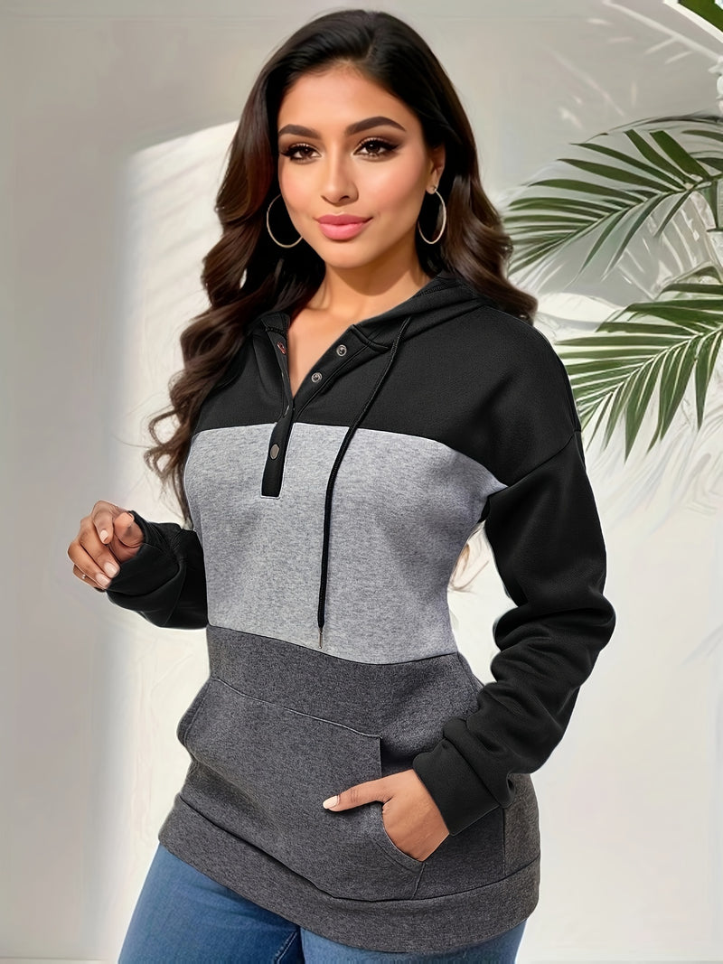 Hoodies Pretos com Botões, Patchwork para Mulheres, Moda, Casual, Manga Comprida, Grossa, Cordão, Gráfico, Moletom Bonito, Blusão, Outono, Inverno, Novo