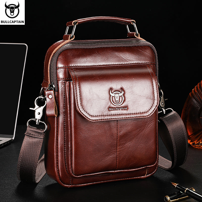 BULLCAPTAIN-Bolsa De Ombro De Couro Genuíno Para Homens, Bolsa Multifuncional Tablet, Bolsa Crossbody Casual, Couro De Vaca Retro, 7.9"