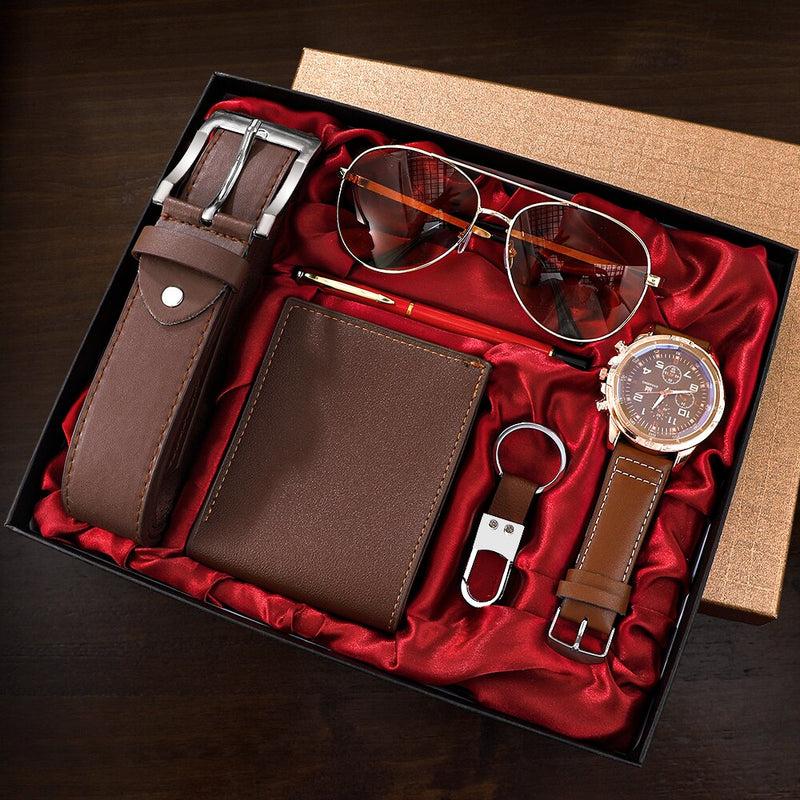 Kit Conjunto de Luxo Masculino, Men Gift, Watch, Business, Luxury Company, Mens Set 6 em 1, Relógio, Óculos, Caneta, Keychain, Cinto, Carteira, Presente