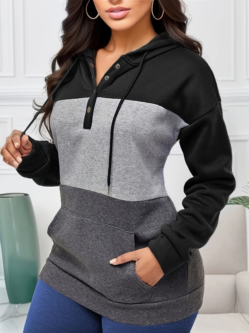 Hoodies Pretos com Botões, Patchwork para Mulheres, Moda, Casual, Manga Comprida, Grossa, Cordão, Gráfico, Moletom Bonito, Blusão, Outono, Inverno, Novo