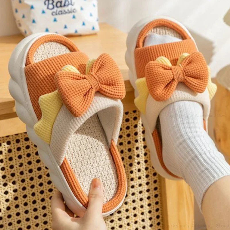 Chinelos de Linho Antiderrapantes Internos para Mulheres, Sapatos de Algodão Domésticos, Chinelo Liso Bonito Bowknot, Primavera, Verão