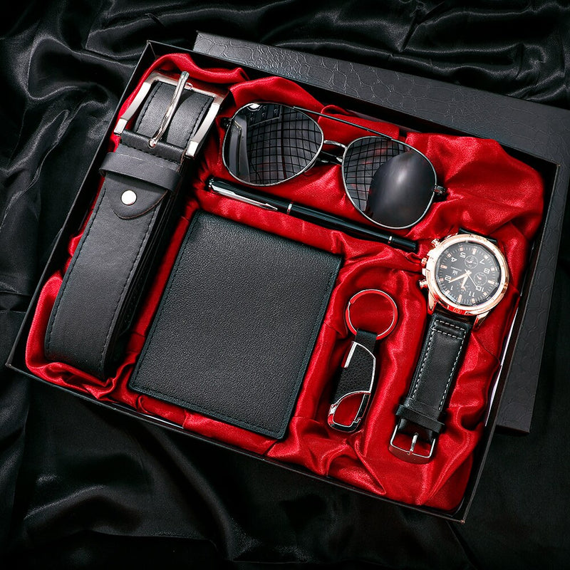 Kit Conjunto de Luxo Masculino, Men Gift, Watch, Business, Luxury Company, Mens Set 6 em 1, Relógio, Óculos, Caneta, Keychain, Cinto, Carteira, Presente